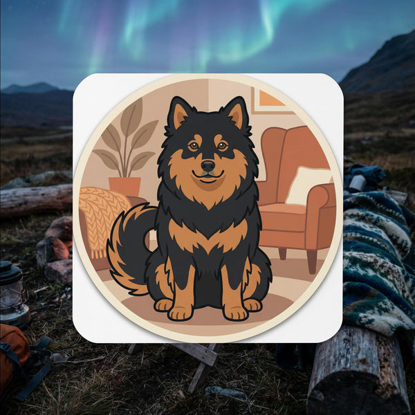 Finnish Lapphund illustrated cork-back coaster with cozy cabin style Nordic dog artwork