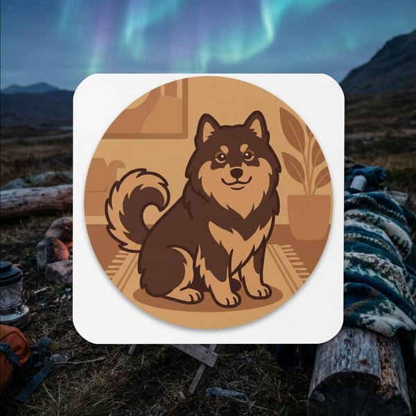 Finnish Lapphund illustrated cork-back coaster with cozy indoor portrait design