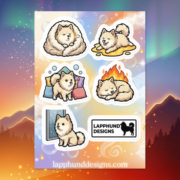 Finnish Lapphund cozy puppy sticker sheet featuring sleepy naps, warm beds, and peaceful resting moments
