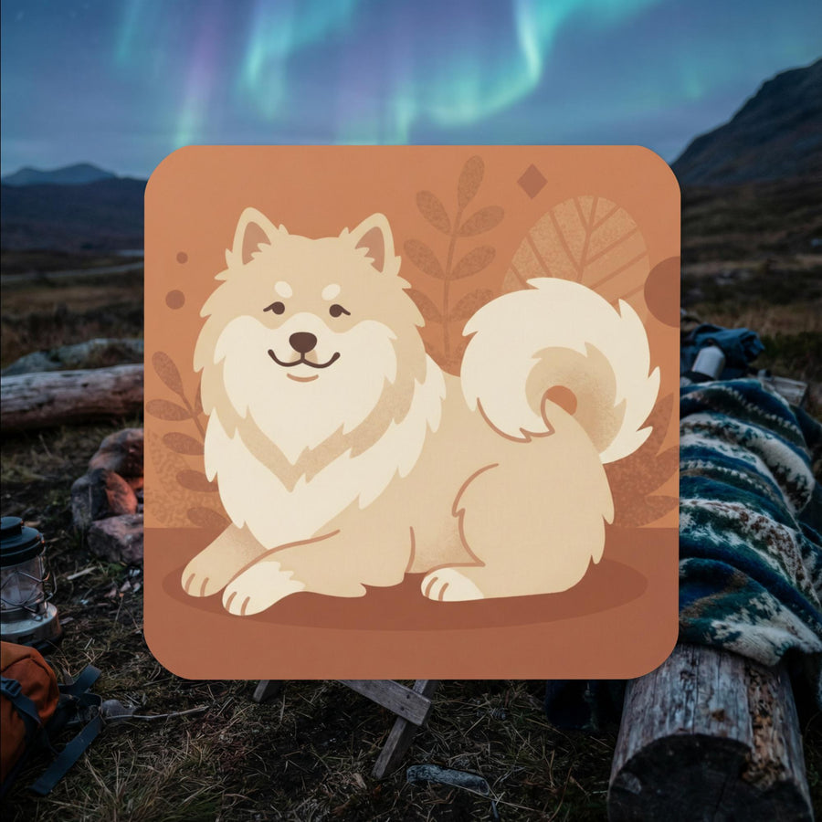 Cream colored Finnish Lapphund illustrated cork-back coaster with cozy autumn tones