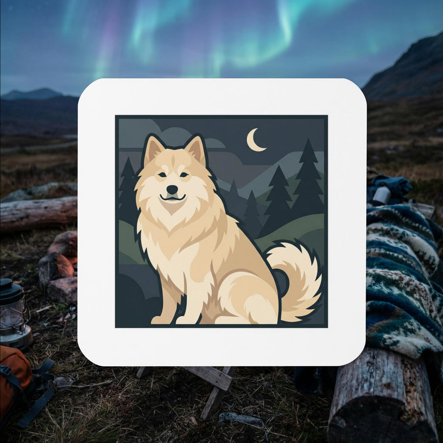 Cream Finnish Lapphund sitting illustrated cork-back coaster with night forest and crescent moon scene