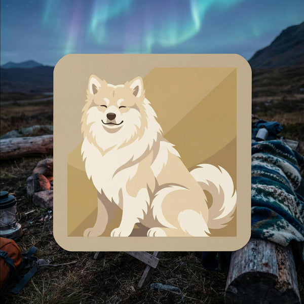 Cream Finnish Lapphund sitting illustrated cork-back coaster with soft geometric background