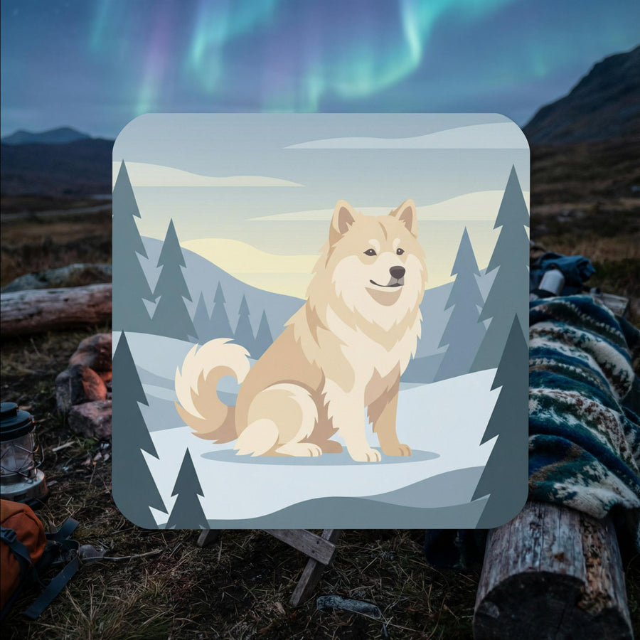 Cream Finnish Lapphund sitting illustrated cork-back coaster with snowy forest winter background