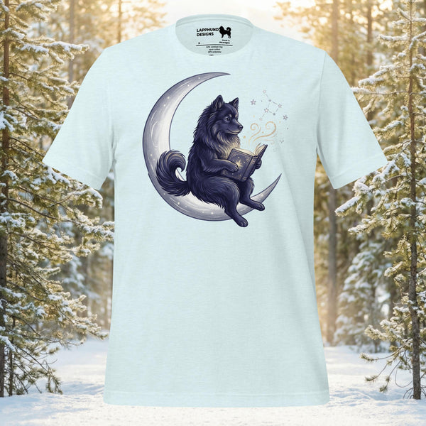 Finnish Lapphund illustrated resting on a crescent moon with stars and gentle magical details in a night sky fantasy design on a graphic t-shirt