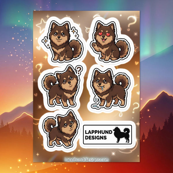 Finnish Lapphund curious puppy sticker sheet featuring confused looks, question marks, and sweet reactions