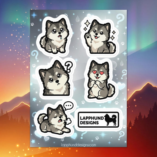 Finnish Lapphund curious reactions sticker sheet featuring question marks, hearts, and sweet expressive faces