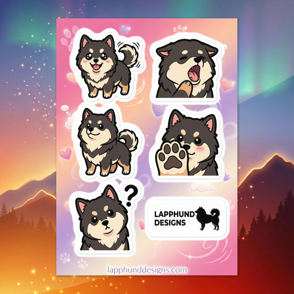 Finnish Lapphund cute expressions sticker sheet featuring happy, curious, playful, and expressive designs