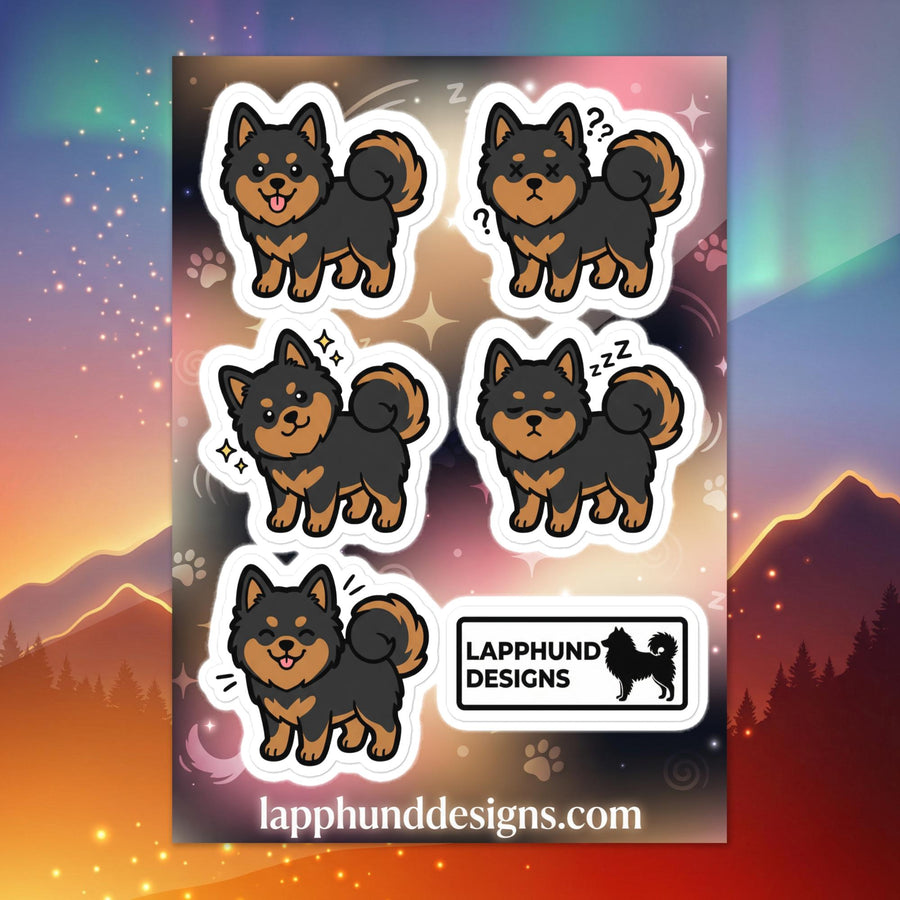 Finnish Lapphund daily puppy moods sticker sheet featuring calm smiles, sleepy moments, and gentle expressions