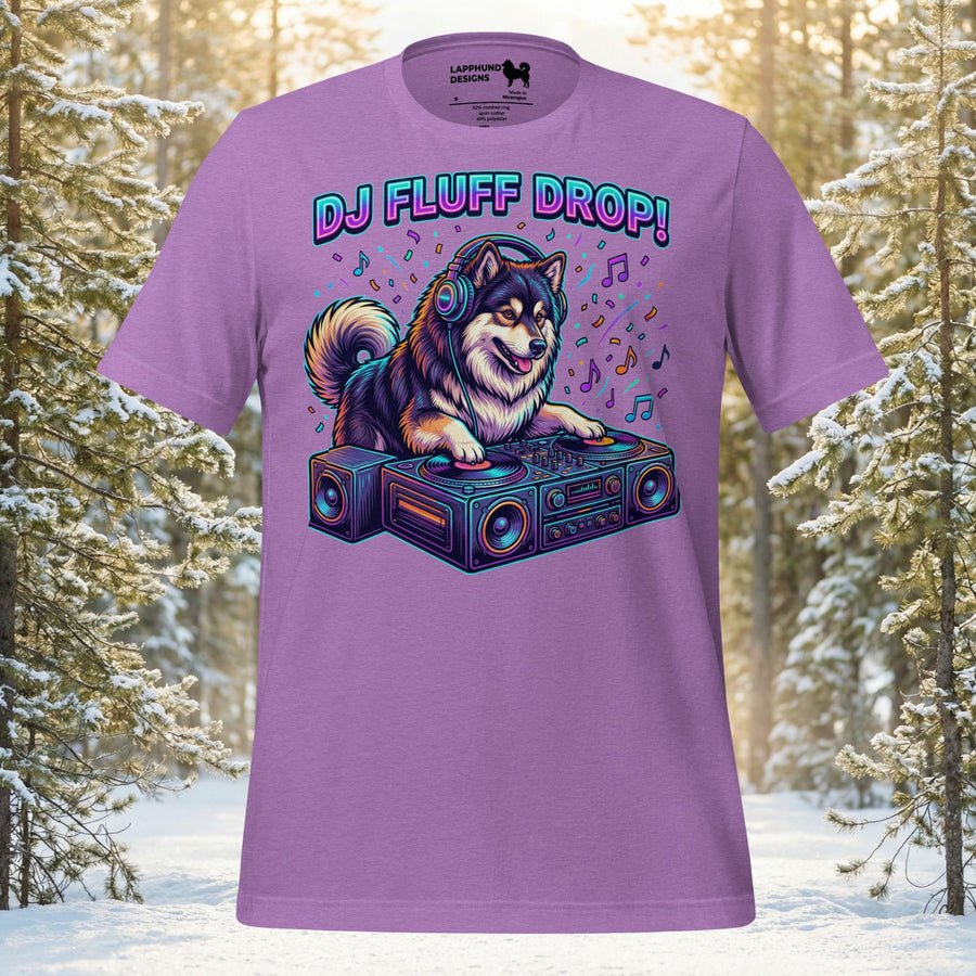 Finnish Lapphund wearing headphones at a neon DJ turntable with musical notes on a black t-shirt.