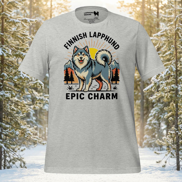 Finnish Lapphund Epic Charm t-shirt featuring a Nordic outdoor scene and confident Lapphund