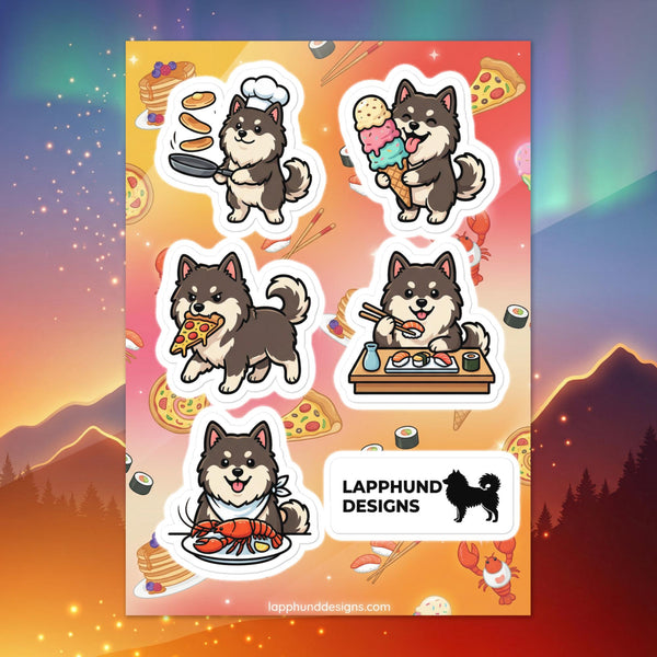 Finnish Lapphund food and treats sticker sheet featuring pizza, ice cream, sushi, pasta, and chef designs