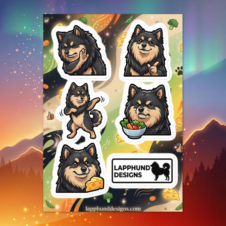 Finnish Lapphund foodie fun sticker sheet featuring snacks, happy chewing smiles, and satisfied food reactions