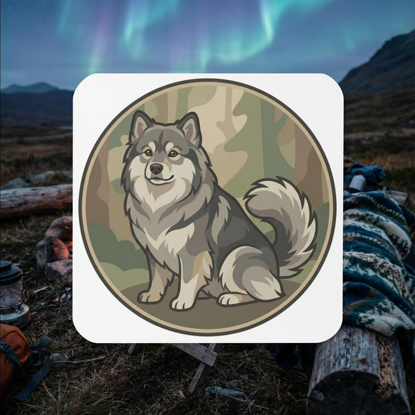 Finnish Lapphund illustrated cork-back coaster with forest-inspired Nordic dog artwork