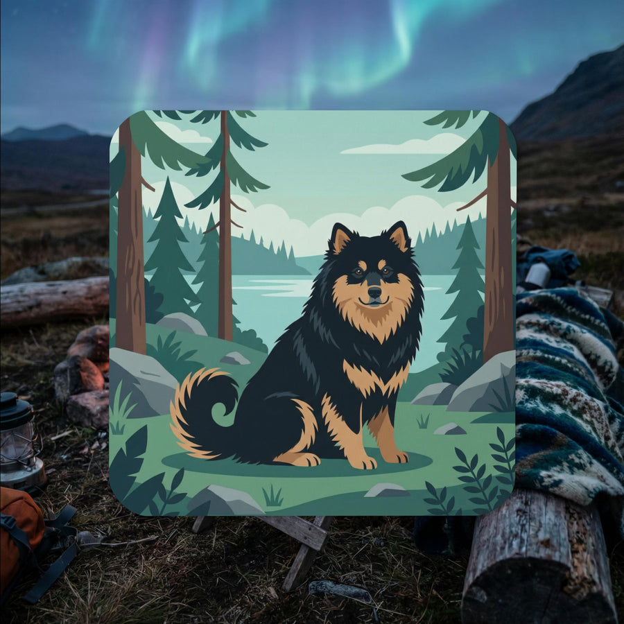 Finnish Lapphund illustrated cork-back coaster with forest lake scene and evergreen trees