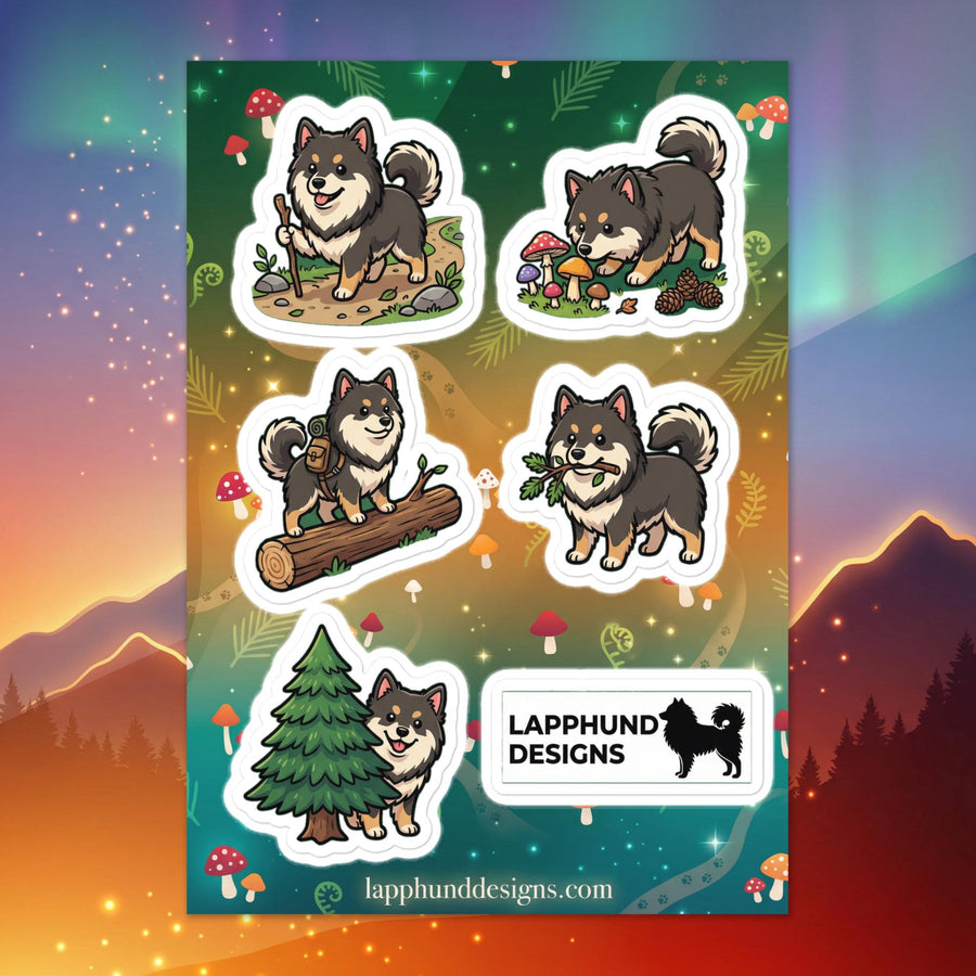 Finnish Lapphund forest life sticker sheet featuring mushrooms, logs, trees, and woodland play designs