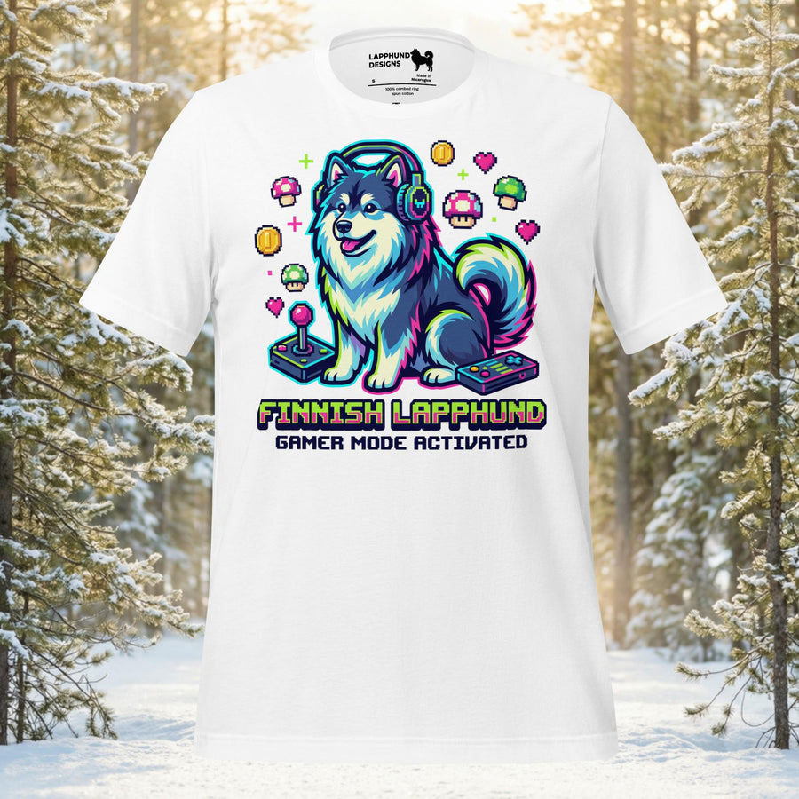 Finnish Lapphund illustrated wearing a gaming headset surrounded by neon icons and playful gamer-themed elements on a graphic t-shirt