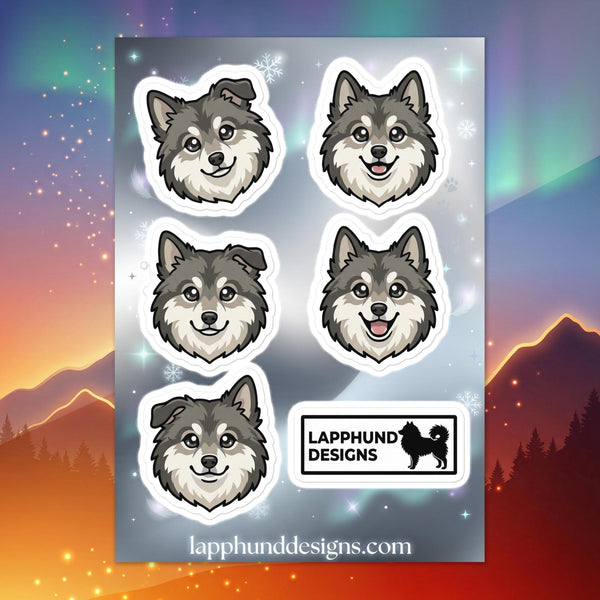 Finnish Lapphund gentle smiles sticker sheet featuring soft puppy faces and sweet everyday expressions
