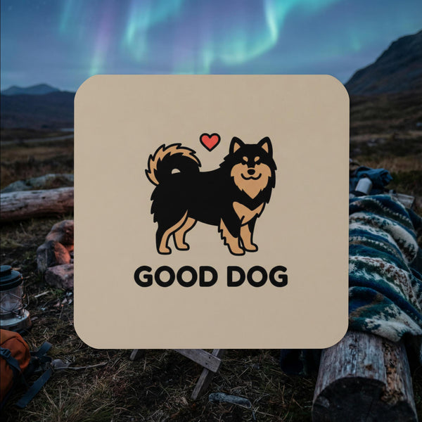 Finnish Lapphund illustrated cork-back coaster with “Good Dog” text and heart detail