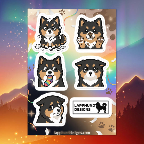 Finnish Lapphund goofy puppy sticker sheet featuring playful reactions, silly faces, and fun expressions