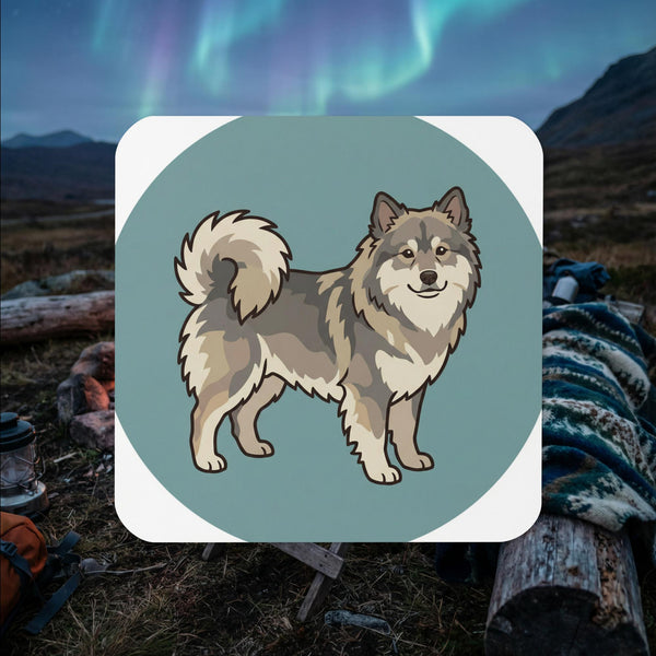 Gray Finnish Lapphund emblem illustrated cork-back coaster with circular design