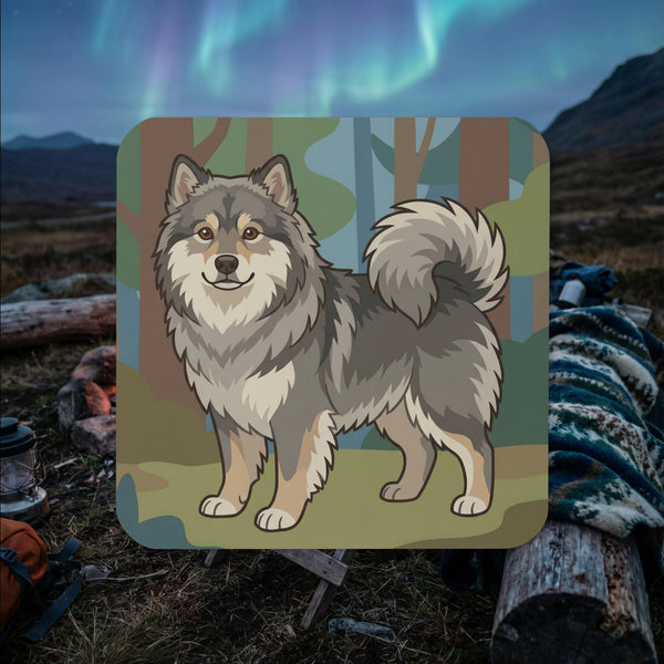 Gray coated Finnish Lapphund illustrated cork-back coaster with woodland forest background