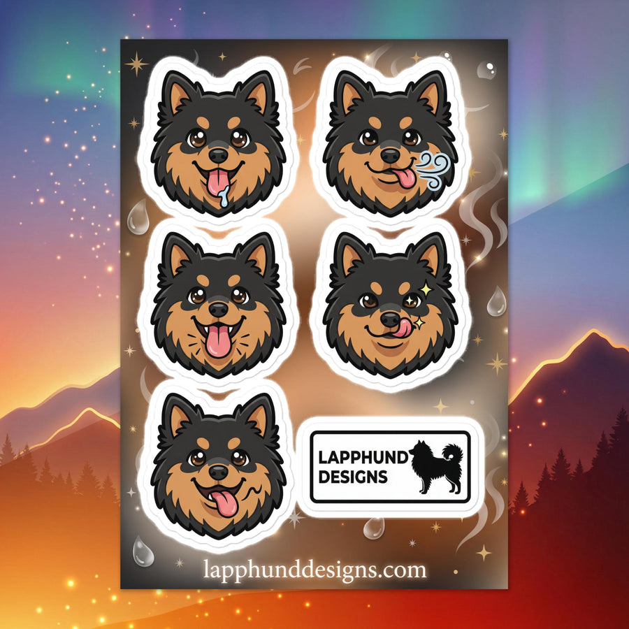 Finnish Lapphund happy faces sticker sheet featuring tongue-out smiles and playful expressions