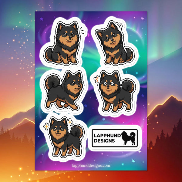 Finnish Lapphund happy poses sticker sheet featuring cheerful smiles and playful everyday stances