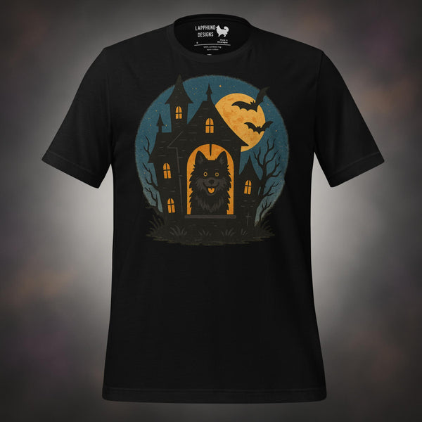 Haunted house Finnish Lapphund Halloween t-shirt in black