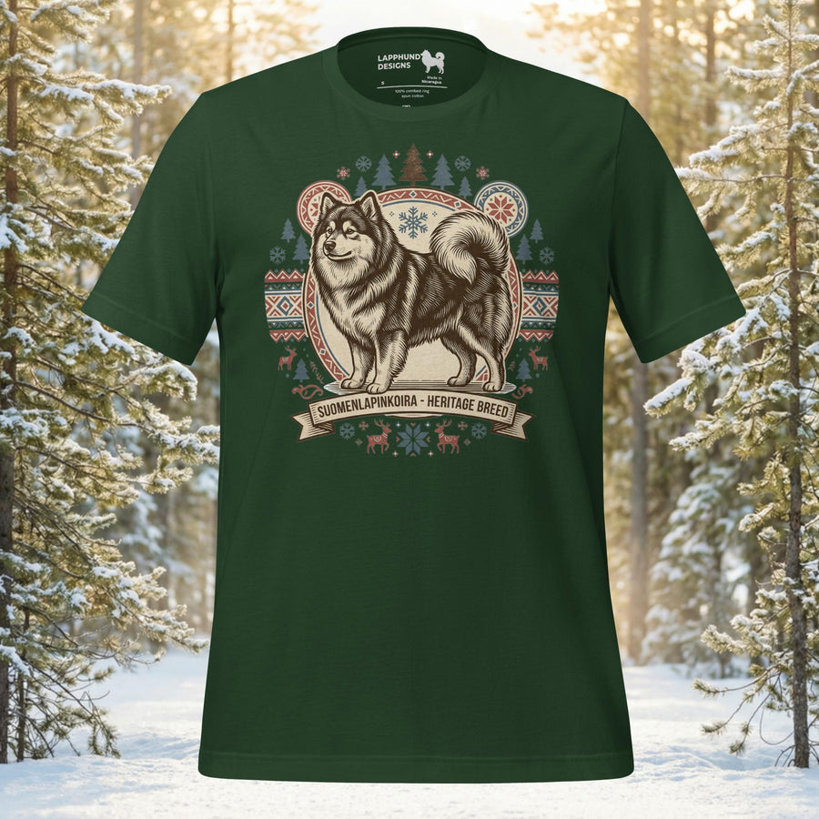 Finnish Lapphund illustrated with Nordic heritage patterns and traditional design elements on a graphic t-shirt