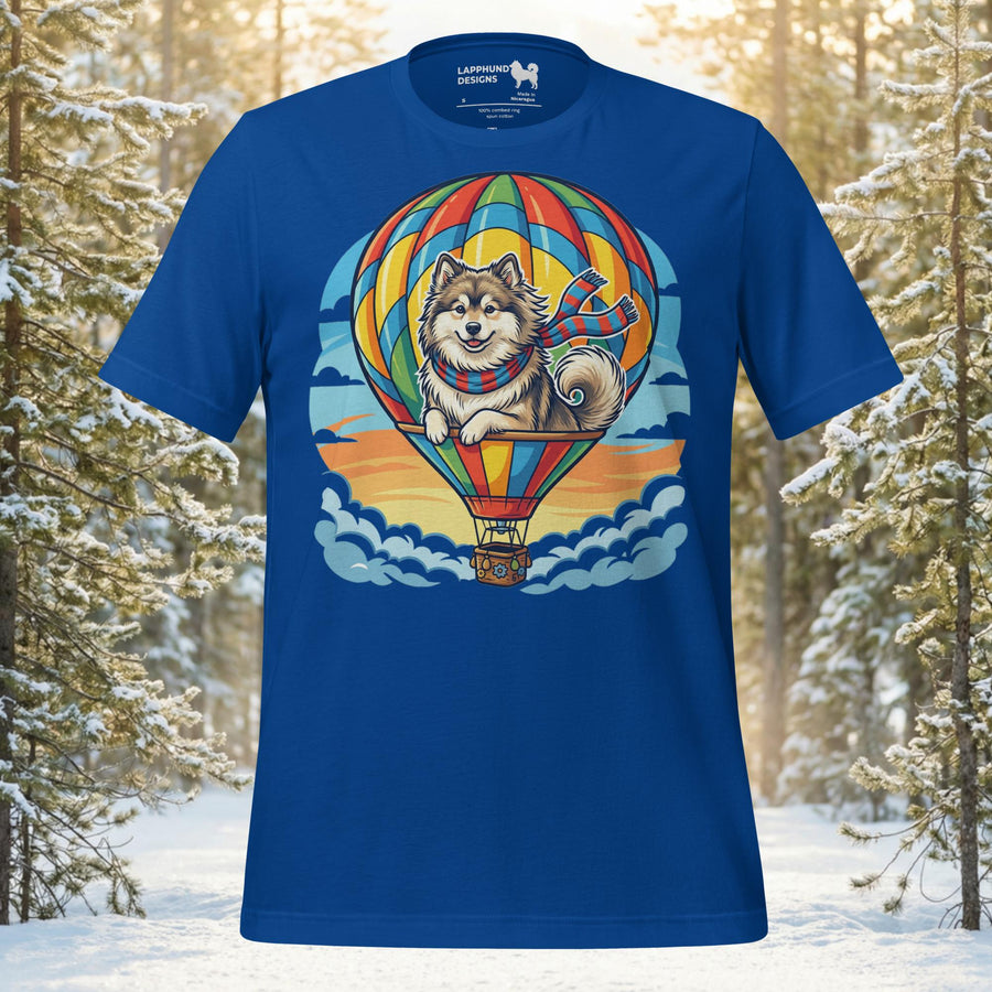 Finnish Lapphund illustrated riding in a hot air balloon above clouds in a whimsical sky adventure design on a graphic t-shirt