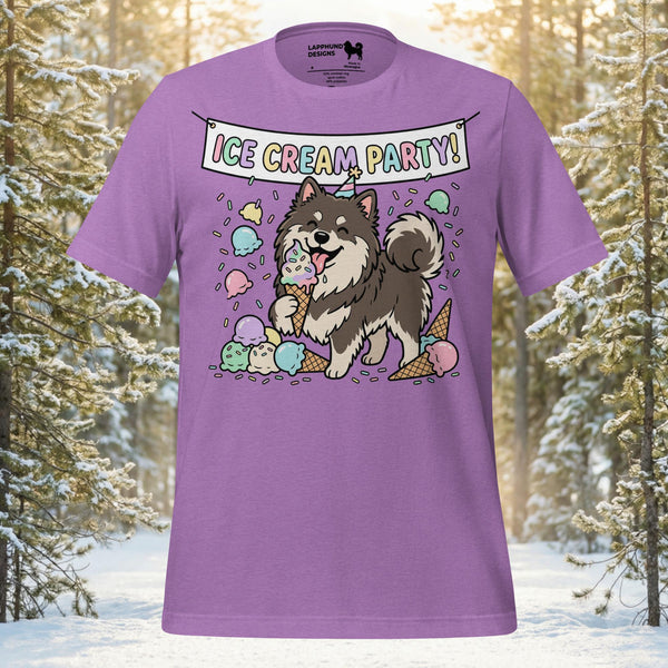 Finnish Lapphund wearing a party hat eating an ice cream cone with sprinkles on a premium unisex t-shirt.