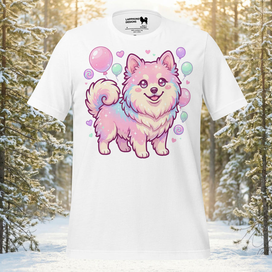 Finnish Lapphund illustrated in a kawaii pastel style with floating bubbles and heart details in a cute fantasy design on a graphic t-shirt