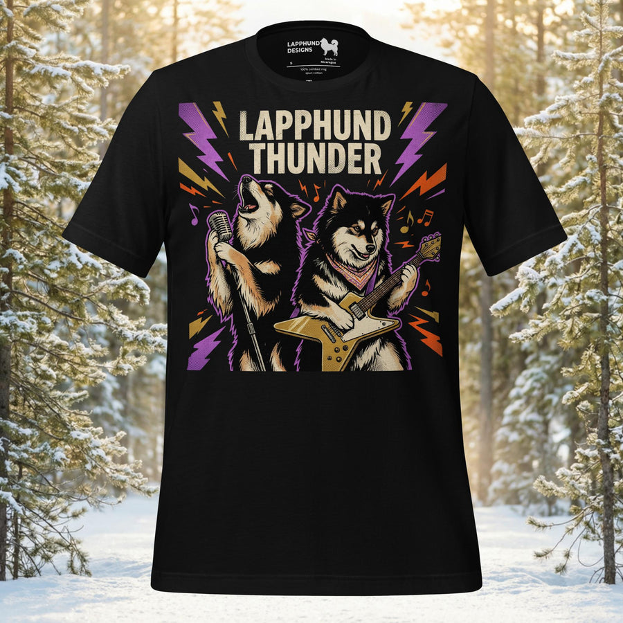 Finnish Lapphund Lapphund Thunder t-shirt featuring two dogs rocking out with guitar and lightning bolts