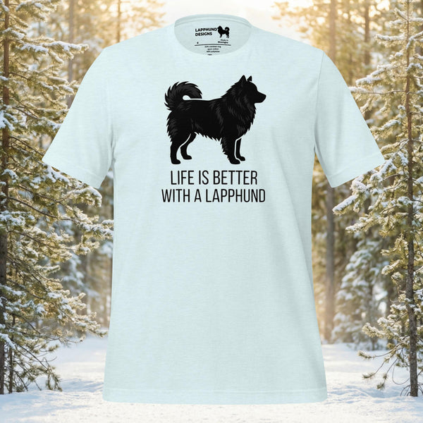 Minimalist silhouette of a Finnish Lapphund with the text Life is Better with a Lapphund on a premium cotton t-shirt.
