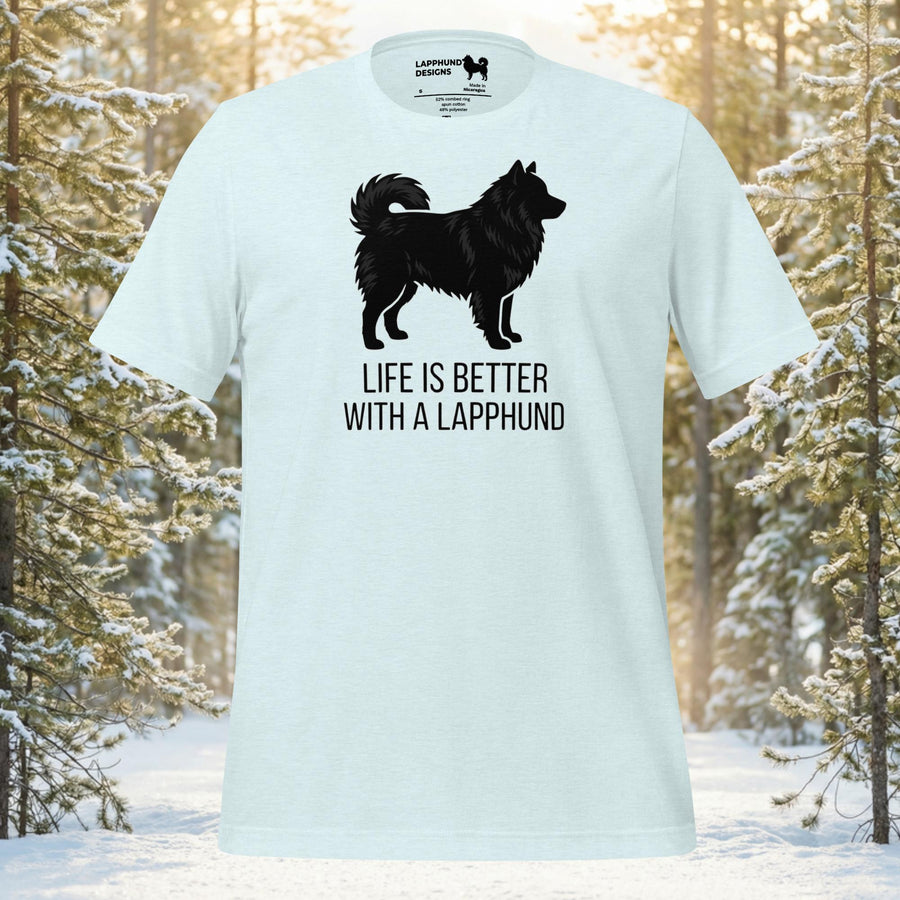 Minimalist silhouette of a Finnish Lapphund with the text Life is Better with a Lapphund on a premium cotton t-shirt.