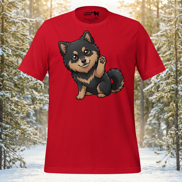 Finnish Lapphund Little Wave Lappy t-shirt featuring a puppy sitting and raising one paw in a friendly wave