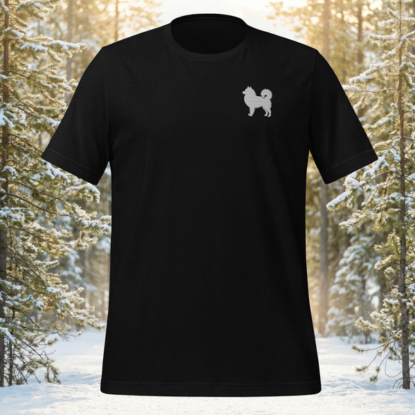 Finnish Lapphund minimalist silhouette t-shirt featuring the iconic fluffy double coat and curled tail profile of the Nordic breed.