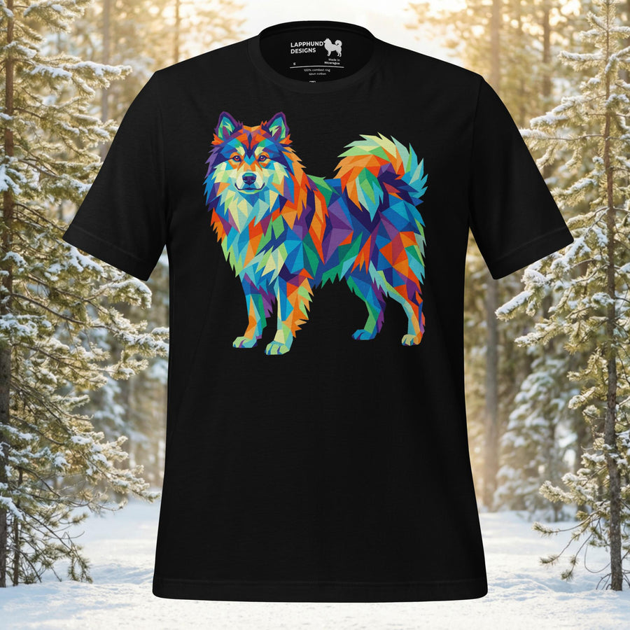Finnish Lapphund standing in a multi-faceted geometric mosaic style with vibrant prismatic patterns on a premium unisex t-shirt.