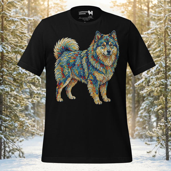 Finnish Lapphund mosaic spirit t-shirt with colorful artistic Nordic dog illustration