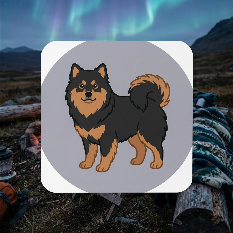 Finnish Lapphund illustrated cork-back coaster with neutral gray portrait background