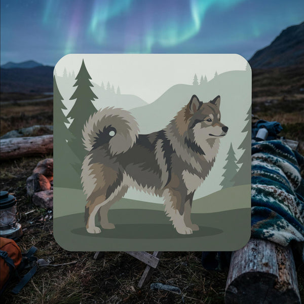 Finnish Lapphund side profile illustrated cork-back coaster with Nordic forest background