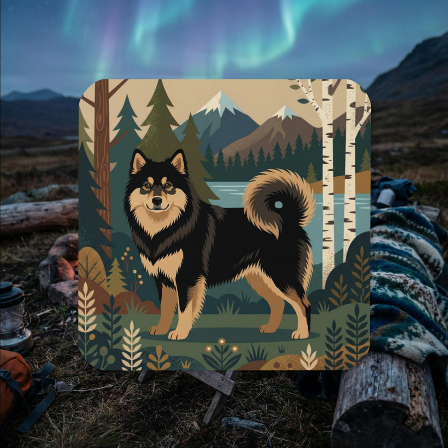 Finnish Lapphund illustrated cork-back coaster with Nordic mountain lake, birch trees, and forest details