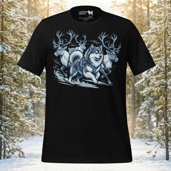 Finnish Lapphund illustrated in a dramatic Nordic myth-inspired winter hunt scene with antlered figures and icy motion on a graphic t-shirt