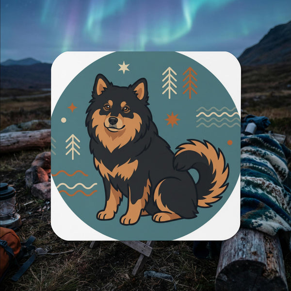 Finnish Lapphund illustrated cork-back coaster with Nordic symbols and circular design