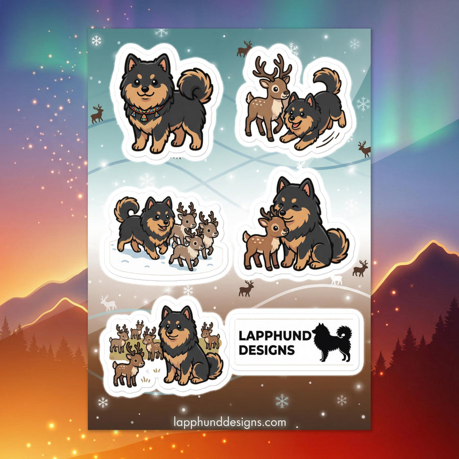 Finnish Lapphund Nordic wildlife sticker sheet featuring reindeer and winter forest encounter designs