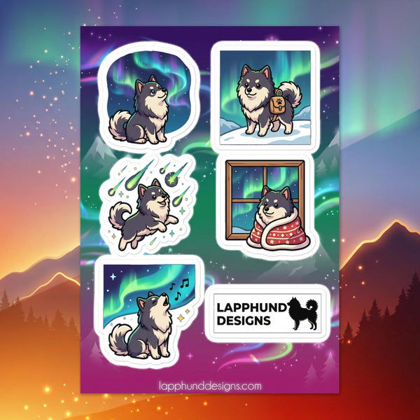 Finnish Lapphund northern lights sticker sheet featuring aurora skies, snowy scenes, and Nordic winter designs