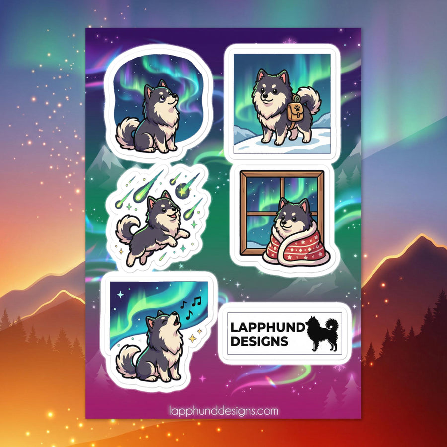 Finnish Lapphund northern lights sticker sheet featuring aurora skies, snowy scenes, and Nordic winter designs
