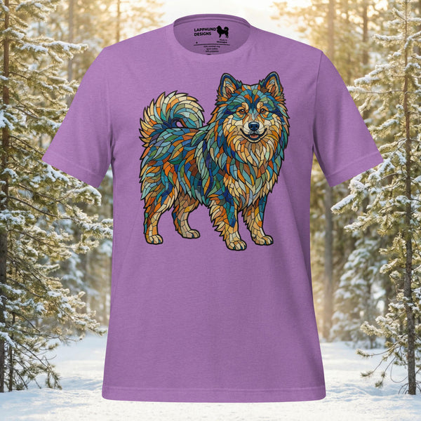Finnish Lapphund illustrated with layered brushstroke textures and rich painterly detail in a full-body artistic design on a graphic t-shirt