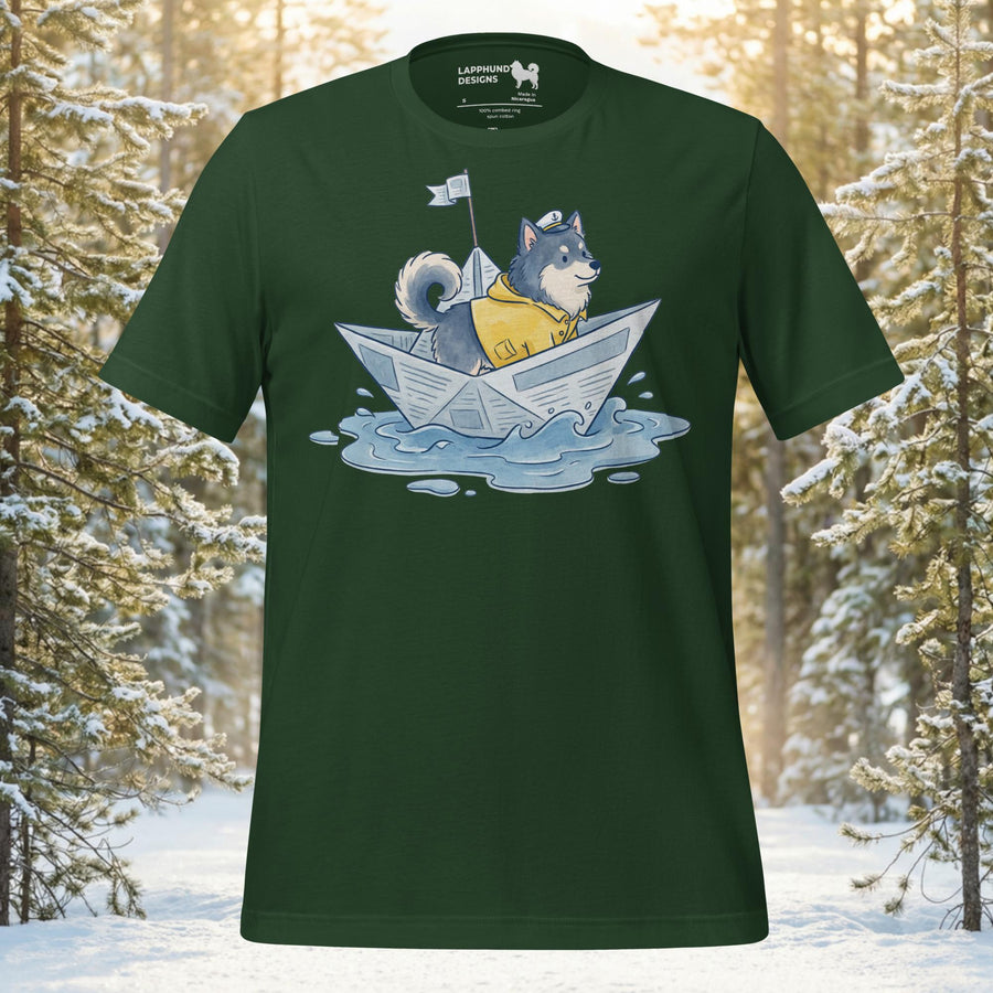 Finnish Lapphund paper boat adventure t-shirt with playful rainy day dog artwork