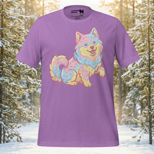 Whimsical Finnish Lapphund dog with pastel frosting and sprinkles design on a premium cotton t-shirt.